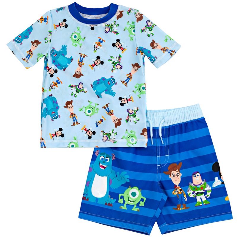 Disney Pixar D100 Toy Story Monsters Inc. Mickey Mouse Buzz Lightyear Rash Guard and Swim Trunks Outfit Infant to Toddler, 1 of 8