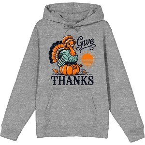 Give Thanks Turkey Sitting On Pumpkin Adult Long Sleeve Hoodie - 1 of 2