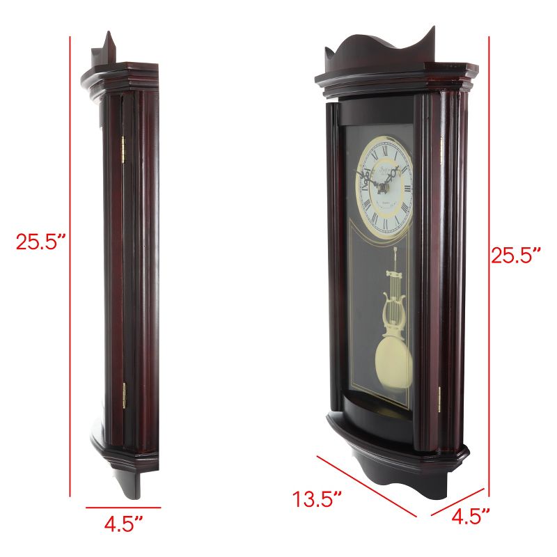 Bedford Clock Collection 25 Inch Chiming Pendulum Wall Clock in Weathered Chocolate Cherry Finish, 3 of 6