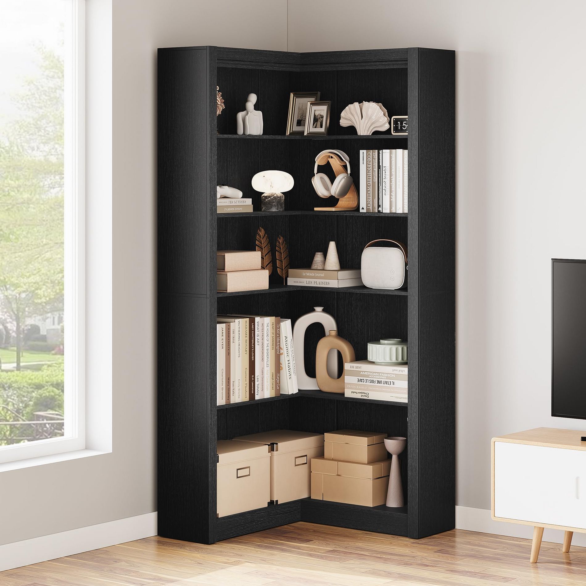 Corner Bookshelf, 71.8 in White Corner Bookcase, L-Shaped Bookshelf, 5 Tier Display Shelf Heavy Duty Bookcases, Bookshelves with Storage