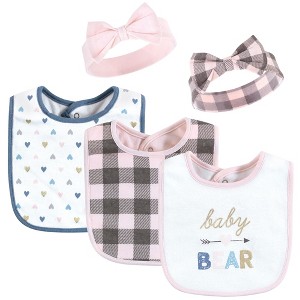 Hudson Baby Infant Girl Cotton Bib and Headband Set, Girl Baby Bear, One Size - 1 of 4