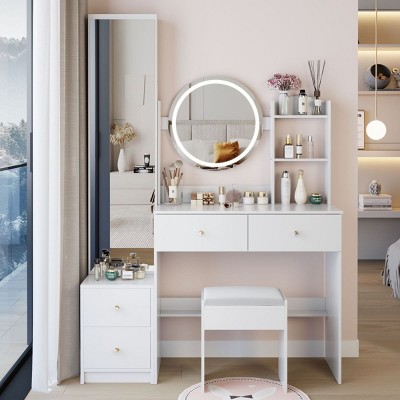 Full Body Mirror Cabinet + Vanity Table Set with Round LED Mirror and Cushioned Stool–The Pop Home