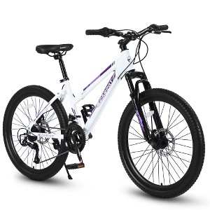FIONECA 24 inch Mountain Bike for Teenagers Girls Women, Shimano 21 Speeds with Dual Disc Brakes and 100mm Front Suspension, White/Pink - 1 of 4