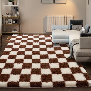 LOVEVOOK 5x7ft Checkered Area Rugs for Living Room, Bedroom, Soft Shaggy Brown and White Rugs Kids Room, Non-Slip Fuzzy Carpet Indoor - 1 of 4