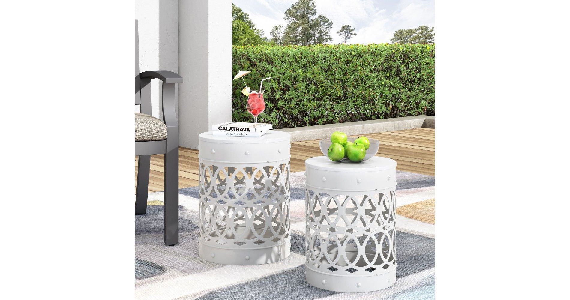 TUYOHW Round Patio End Table,Metal Patio Side Table for Backyard,Pool, Indoor Companion,Durable and Rustproof,White,2PC