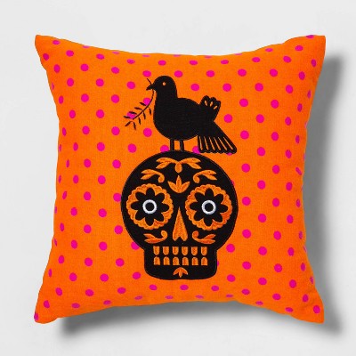 Día de Muertos 16"x16" Orange Dot Skull/Dove Throw Pillow - Designed with Luis Fitch