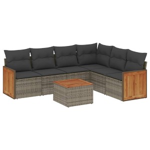 vidaXL 7 Piece Patio Sofa Set with Cushions Gray Poly Rattan - Gray With Table - 1 of 4