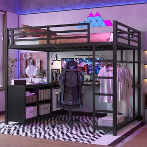 Metal Loft Bed with Wardrobe and L-shaped Desk, Full Size Loft Bed with Storage Cubes and Shelves, Loft Bed for Kids Teens Adults, Black - 1 of 4