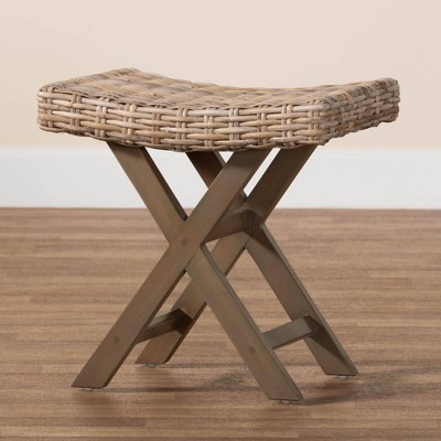 Hayate Mahogany and Rattan X-Base Ottoman Footstool