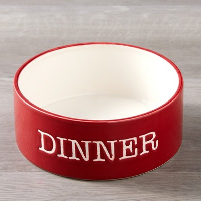 Red Ceramic Dog Bowl with 'Dinner' Text, 7 Inches