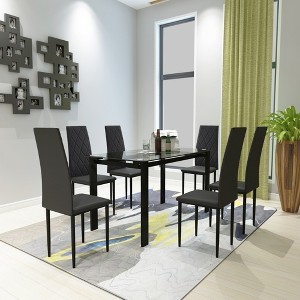 5/7 PCS Dining Table Set Dining Set with PU Chairs & Tempered Glass Dining Table, Black-ModernLuxe - 1 of 4