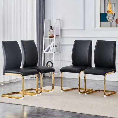 SEVOBAL Dining Chairs Set of 4 High Resilience Luxury PU Material Simple Arch Chair with Arched Metal Gold Leg, Black, 17.3"*21.6"*39"