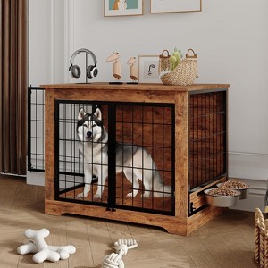Dog Crate Furniture for Large Dogs,38" Indoor Wooden Dog Kennel with 2 Door & Rotating Feeder,Decorative Heavy Duty Dog House - 1 of 4