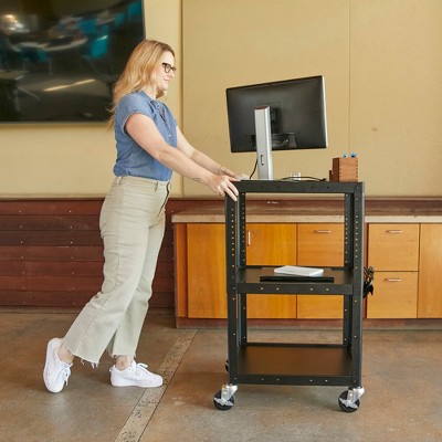 Black Alloy Steel Rolling AV Media Cart with Adjustable Shelves