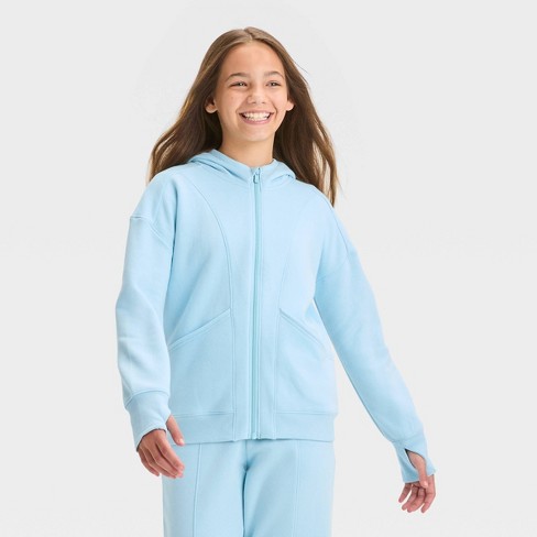 Girls' Fleece Full Zip Hooded Sweatshirt - All In Motion™ Light Blue XS