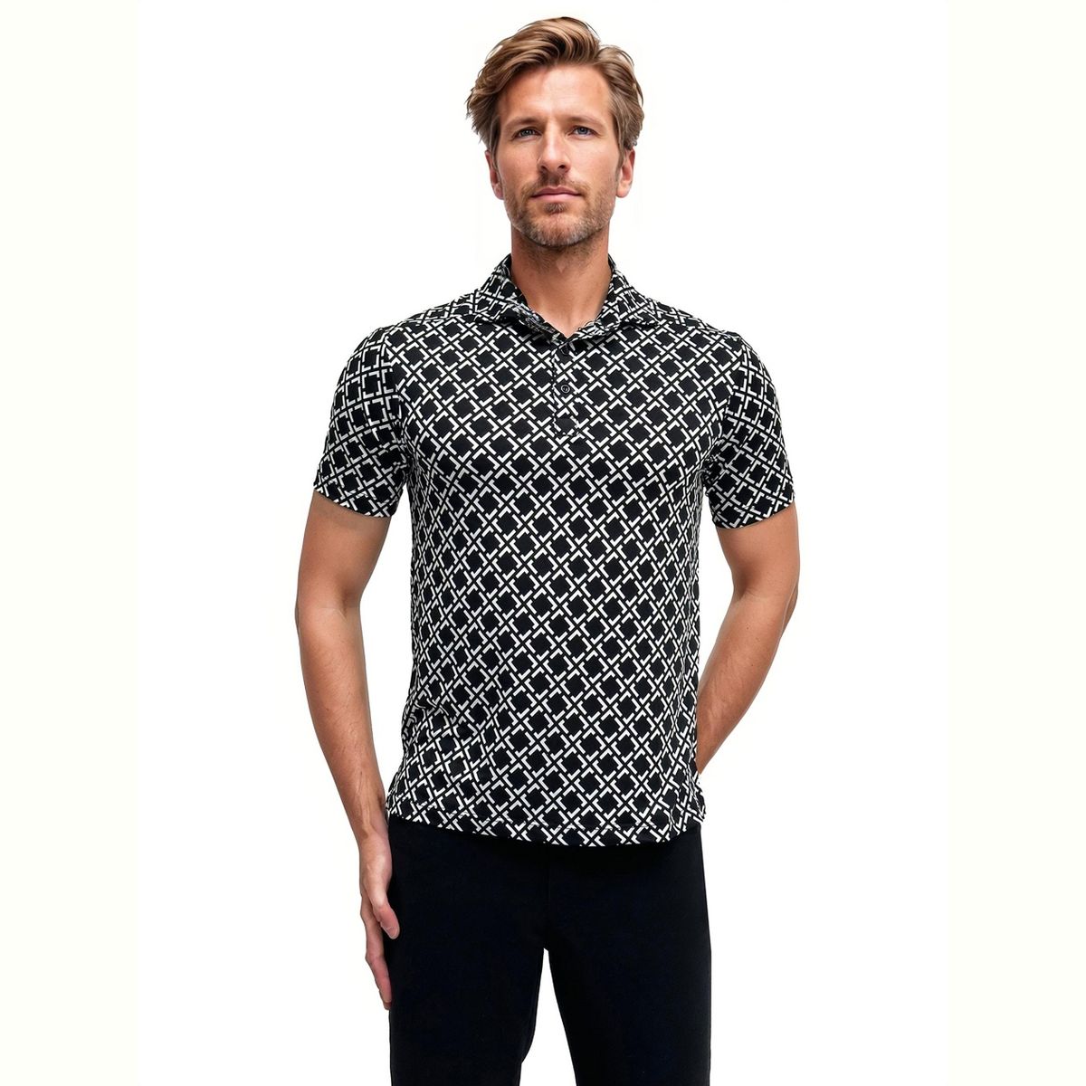 24seven men Wrinkle Resistant 3 Button Machine Washable Geometric Black Polo Shirt