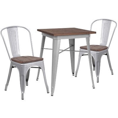 Flash Furniture 23.5" Square Metal Table Set with Wood Top and 2 Stack Chairs