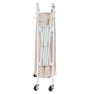 White Canvas Collapsible Triple Laundry Sorter with Wheels