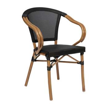 Flash Furniture Marseille Indoor/Outdoor Commercial French Bistro Stacking Chair with Arms, Textilene and Bamboo Print Aluminum Frame
