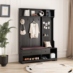 LIVAREEmlen Multi-purpose Hallway Hall Garment Racks with Removable Linen Cushioned Entryway Bench, Coat Rack, Storage Shelves,Black - 1 of 4