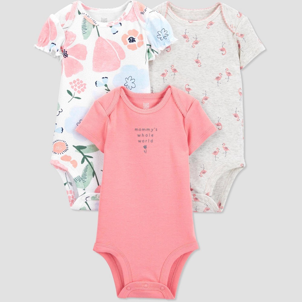 Size 3M Baby Girls' 3pk Flamingo Floral Bodysuit - Just One You made by carter's Pink/Gray 3M