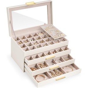 2-Tier Earring Storage Box with Glass Top, Drawer and Grid Organizer for Women, White - 1 of 4