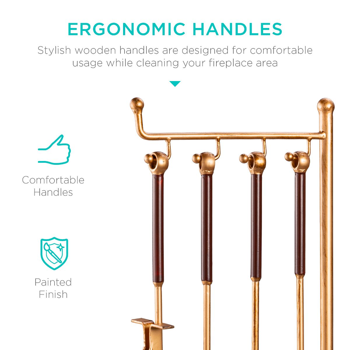 Best Choice Products 5-Piece Modern Contemporary Indoor Outdoor Antique Fireplace Tool Set w/ Ergonomic Handles - Gold - thumbnail 5