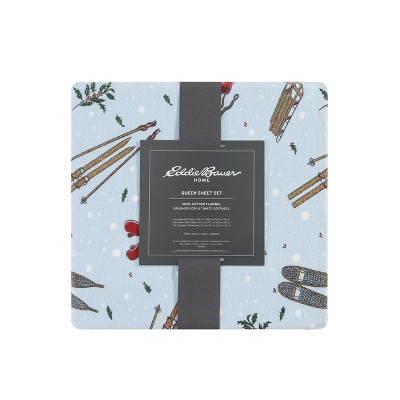 Blue Cotton Flannel Queen Sheet Set with Snow Days Print