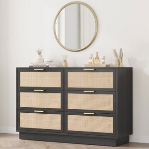 Rattan 6 Drawer Dresser, Wide Chest of Drawers with Metal Handles, Sturdy Wood Base, Bedroom Storage Organizer - 1 of 4