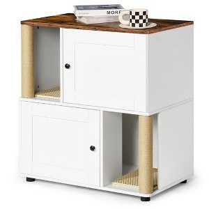 Cat Litter Box Enclosure for 2 Cats, 31.5" Double Hidden Cat Litter Box Furniture, 2 Tier Wooden Cat House with Scratching Post and Litter Mat, White - 1 of 4