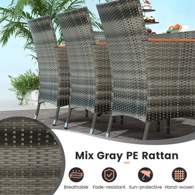 Mix Gray 9-Piece Outdoor Wicker Dining Set with Acacia Wood Table and Beige Cushions