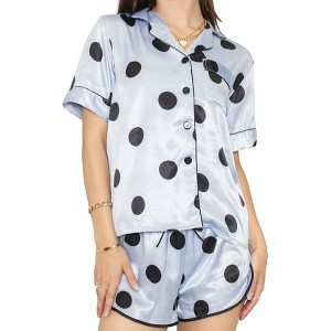 Anna-Kaci Lounge Women's Polka Dot Satin Pajama Set with Short Sleeve Button Top and Drawstring Shorts - 1 of 4