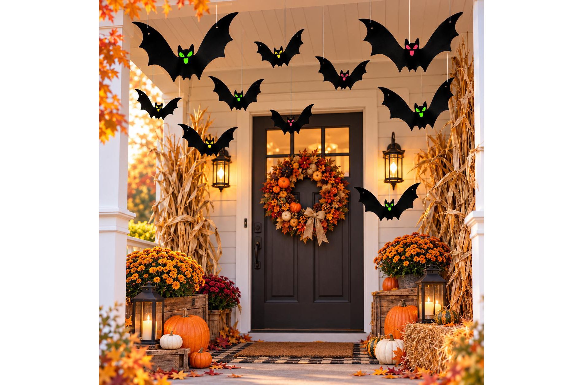 Laukingdom 12-Pack Hanging Bat Halloween Decorations 3 Assorted Sizes, Weather-Resistant Flying Bat Decor for Outdoor Yard, Trees & Indoor Party
