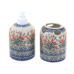 Blue Rose Polish Pottery 573 Ceramika Artystyczna Soap Dispenser & Toothbrush Holder - 1 of 1