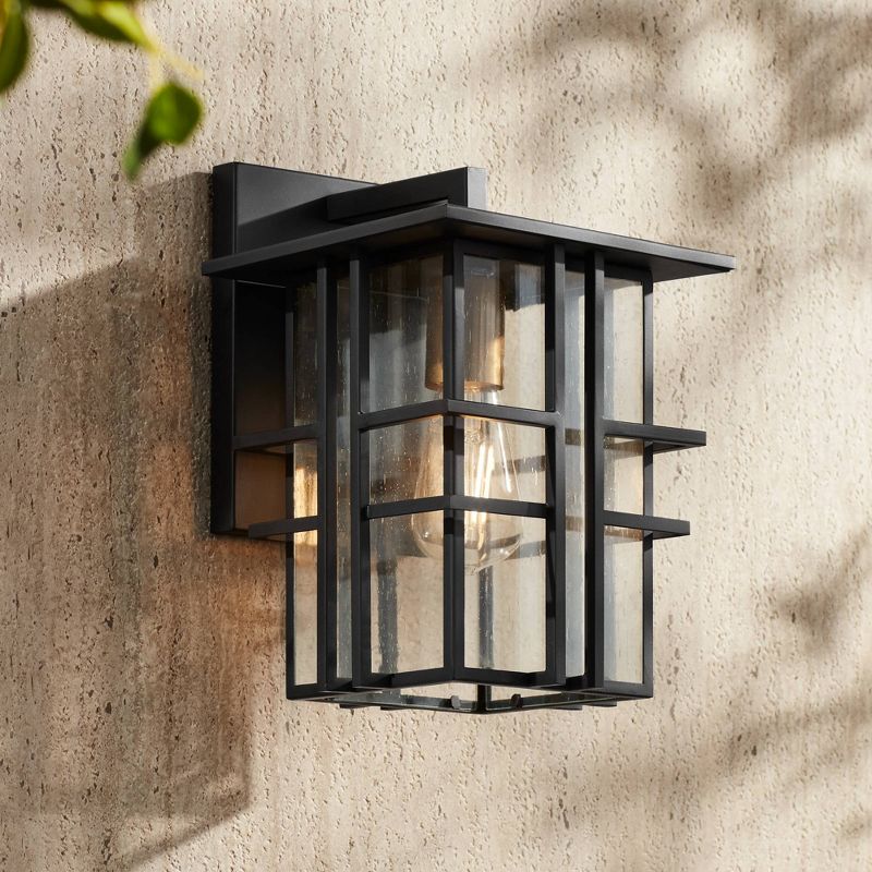Possini Euro Design Arley Modern Outdoor Wall Light Fixture Black Geometric Frame 12" Seedy Glass for Post Exterior Barn Deck House Porch Yard Patio, 2 of 8