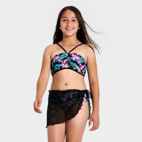 Art Class Girls' Tropical Floral Bikini Set Sarong Set - art class™ Black L