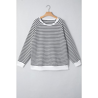 Black Stripe Raglan Sleeve Side Slits Loose Sweatshirt