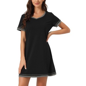 cheibear Women's Short Sleeve Nightshirt Contrast Color V Neck Nightgown Sleepdress - 1 of 4