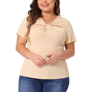 Agnes Orinda Women's Plus Size Ribbed Knit Cut-Out Twist Knot V Neckline Short Sleeve T-Shirt - 1 of 4