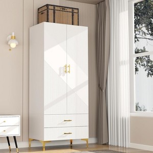 TIRAMISUBEST White Wardrobe - 2-Door Armoire with Drawers & Hanging Rod, 31.5"W x 76.77"H (Right Opening) - 1 of 4