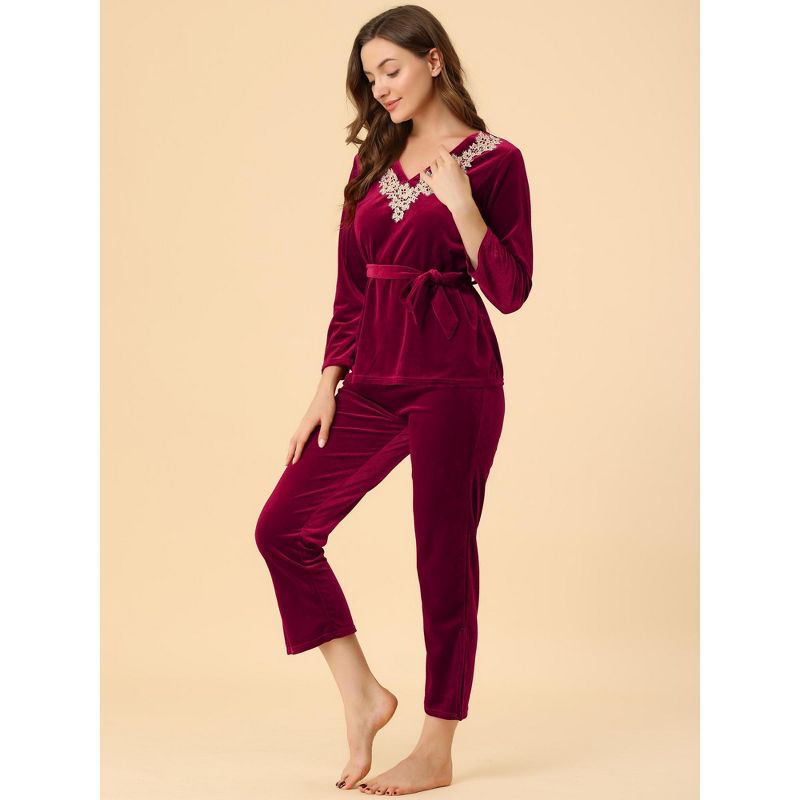 Allegra K Women's Velvet V Neck Lace with Belt Tie Soft Female Night Suit Pajama Sets, 4 of 7