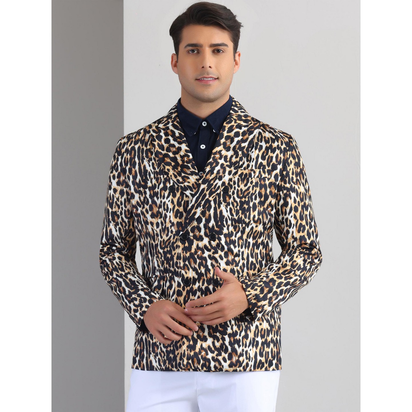 Мужской пиджак INSPIRE CHIC Party Festival Peak Lapel Double-Breasted Animal Print Blazer Black White, цвет: Коричневый — фото 3