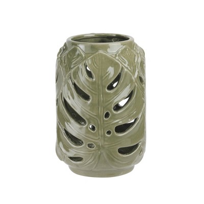 Diva At Home 7” Elegant Moss Green Cutout Leaf Ceramic Candle Holder Lantern