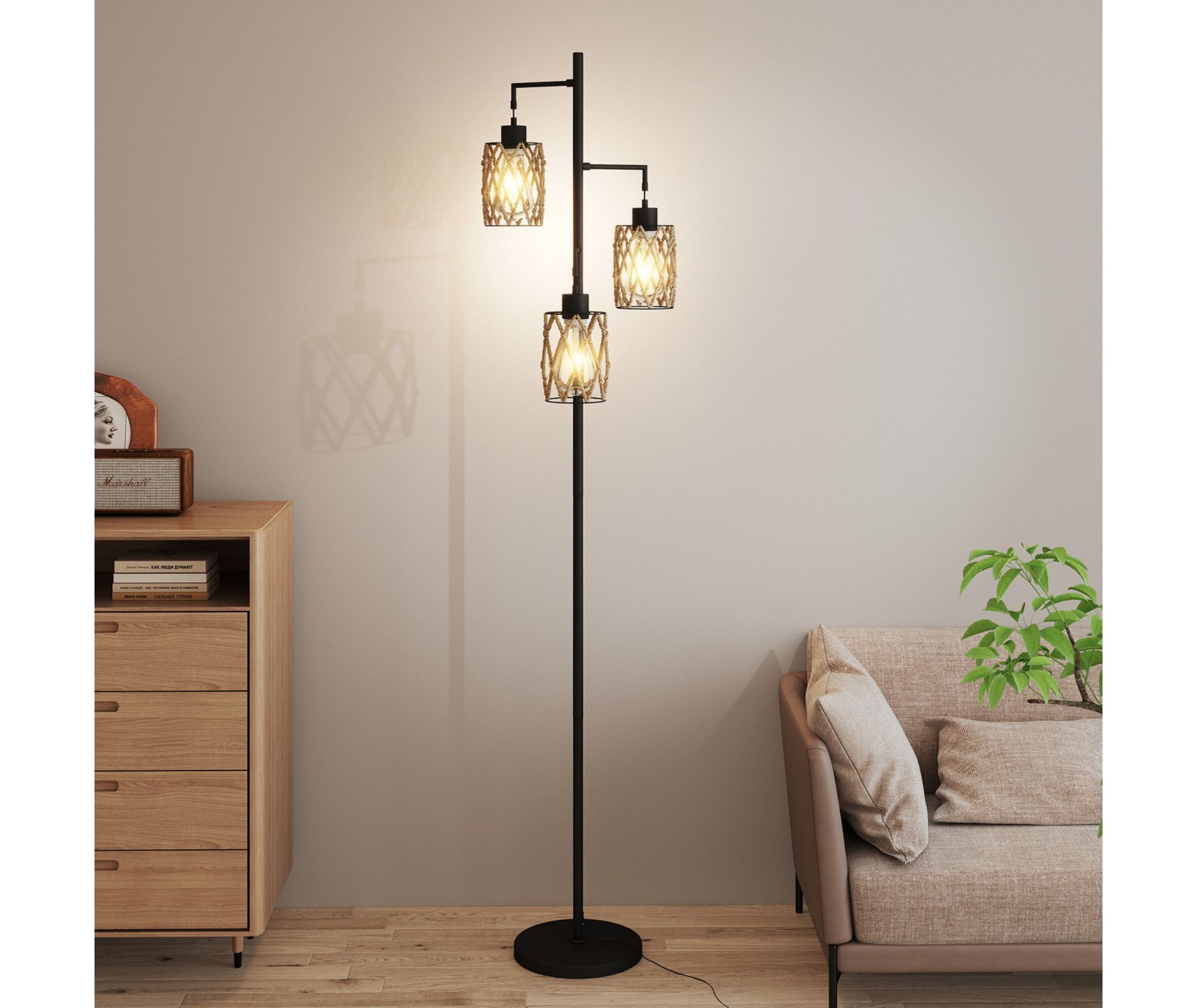 TiramisuBest 67 Inch 3 Light Tree Floor Lamp Foot Switch Cage Shades Industrial Modern Living Room Bedroom Corner, Black