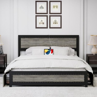 Full Bed Frame with Headboard, Platform Bed Frame with 4 Storage Drawers and Charge Station, Solid Metal Slats Support