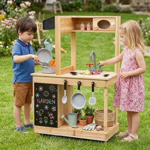 Natural Wooden Mud Kitchen for Kids with Sink Faucet and