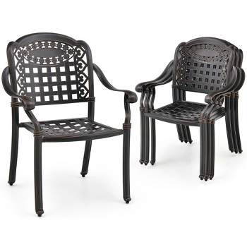 Costway 4pcs Patio Cast Aluminum Armrest Chairs Dining Stackable Outdoor Bronze/White