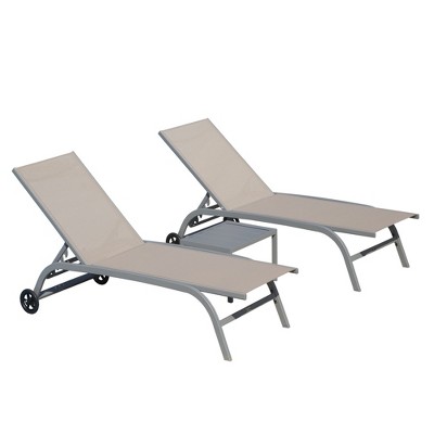 FURNIinspire Patio Chaise Lounges 2 Lounge Chairs and 1 Table, 5 Position Outdoor Poolside Beach Balcony Lounge Chairs, Brown, 60.51"*23.86"*40.16"