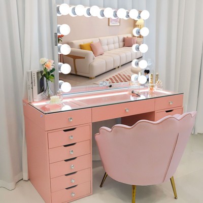 VANITII Eva Vanity Desk - 13 Storage Drawers, Full Light with LED Bulbs Bluetooth Mirror