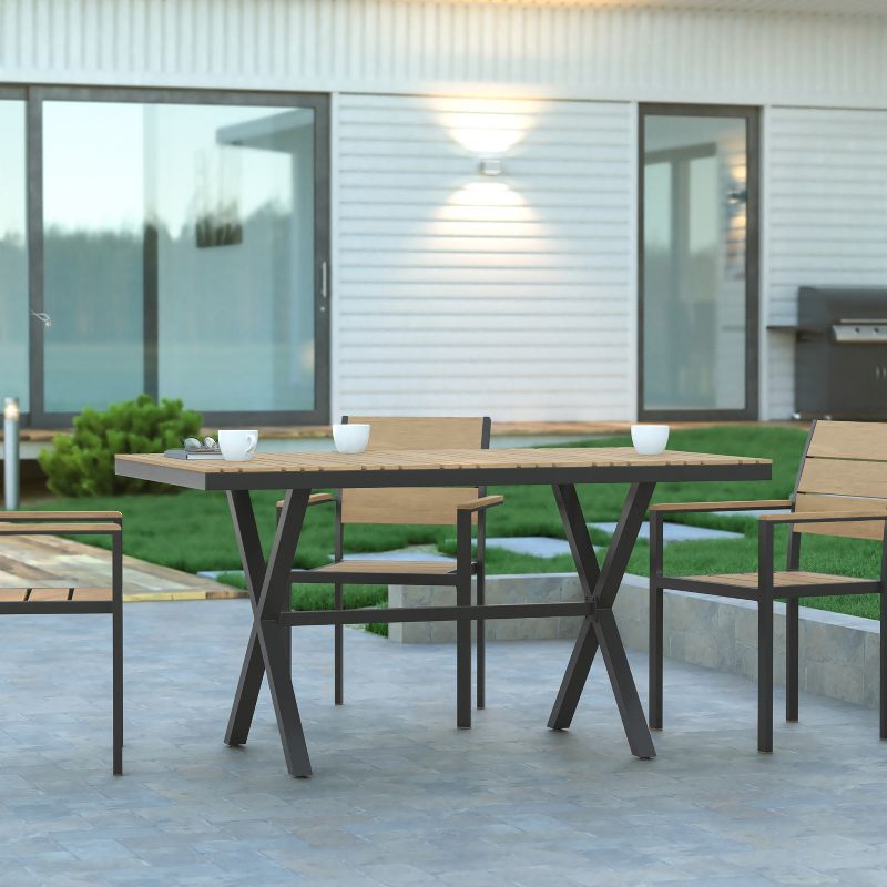 Emma and Oliver 59" x 35.5" Outdoor X-Frame Dining Table with Faux Teak Poly Slat Top and Metal Frame, 2 of 12